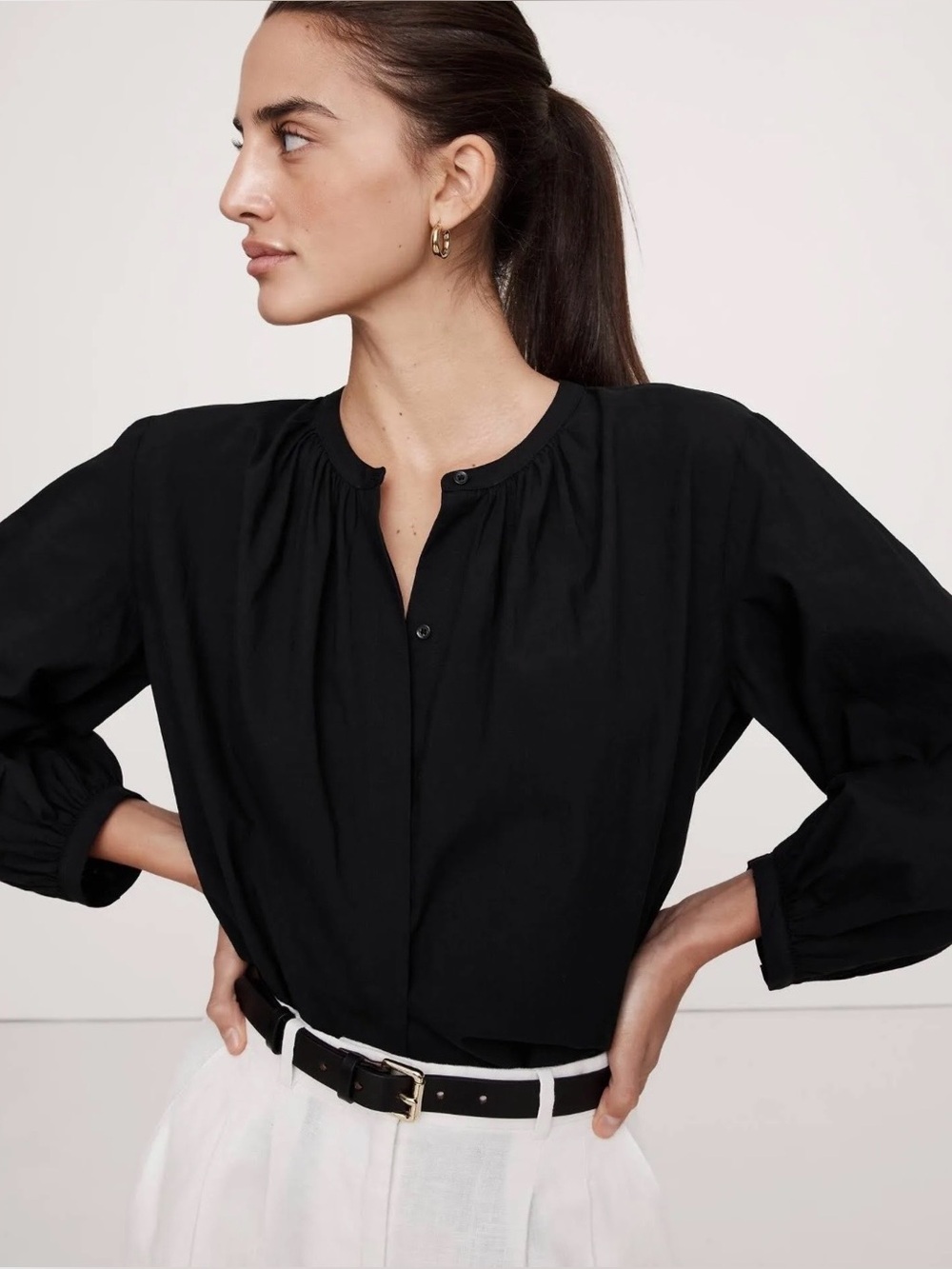 NWT-Banana Republic Black Cotton Voile Shirred Blouse, Small